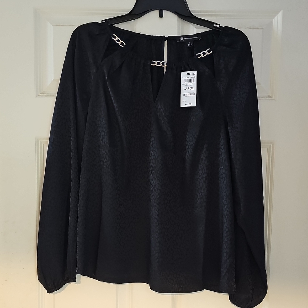 INC International Concepts Black Blouse with Chain Accents